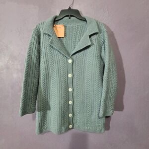 Hand Knit Llama Wool Women's Cardigan Sweater Cable Knit Shawl Collar Button L
